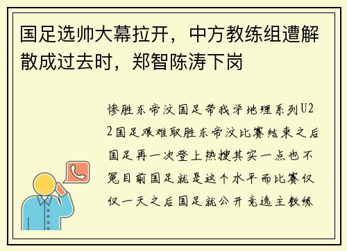 国足选帅大幕拉开，中方教练组遭解散成过去时，郑智陈涛下岗